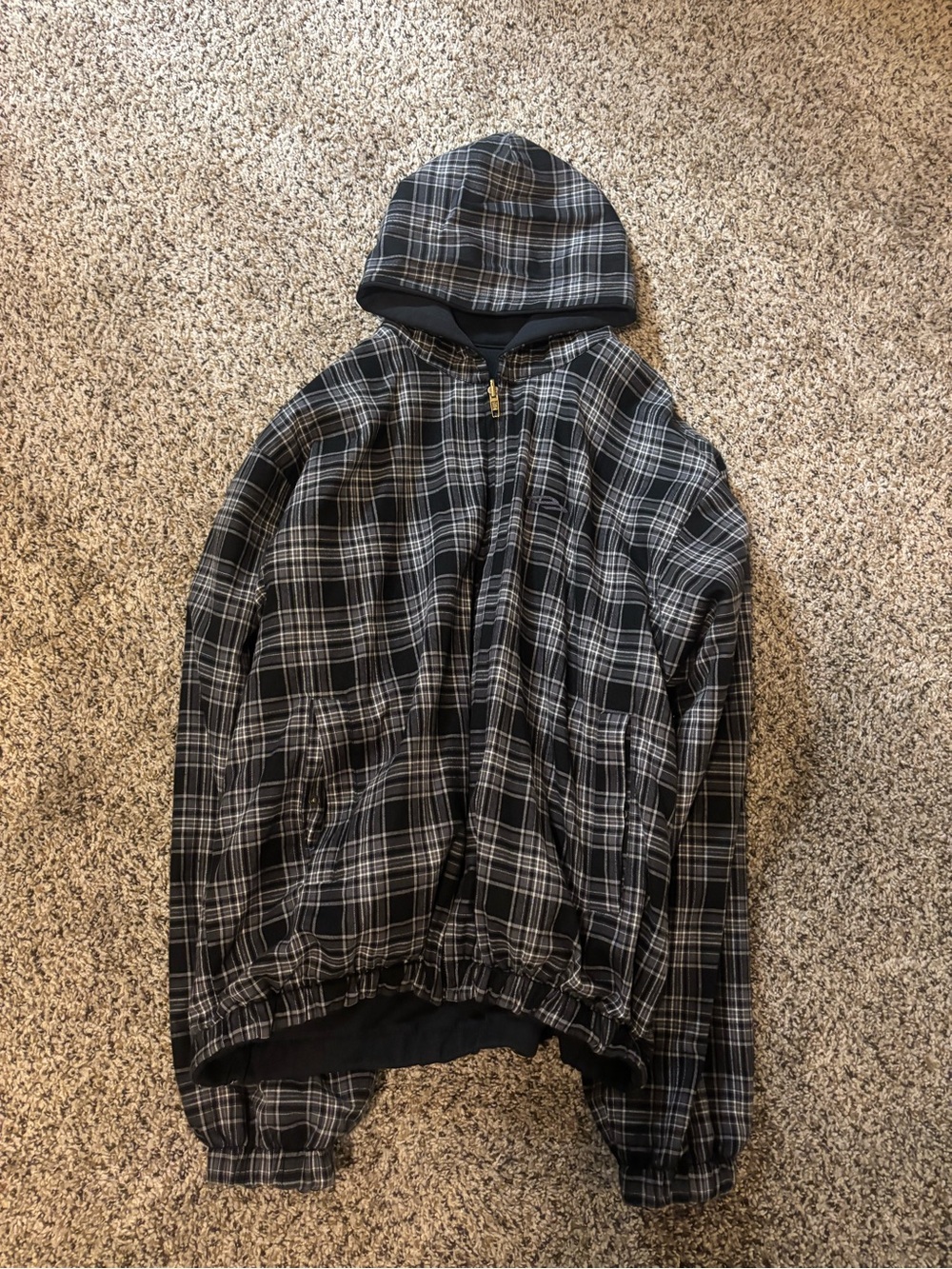 Balenciaga Black & Gray Plaid Reversible Zip Up Hoodie Jacket